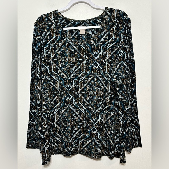 Chicos Bohemian Floral Geometric Block Layering Long Sleeve Tee Shirt - Picture 2 of 8